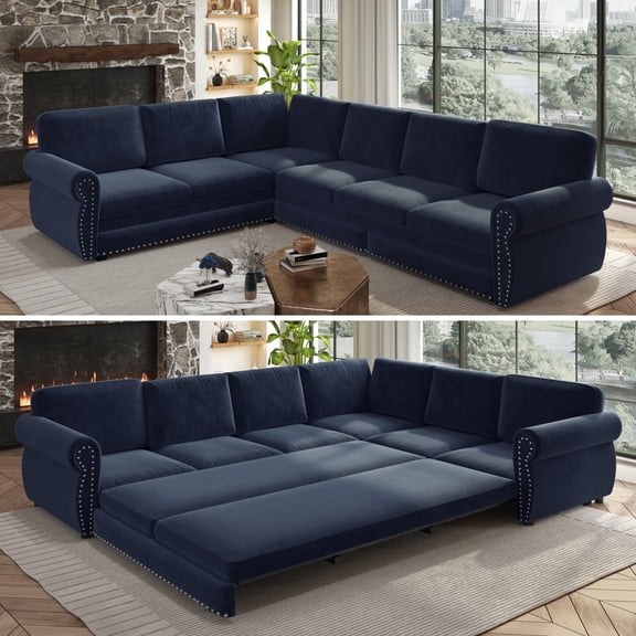 LLappuil Sectional Sofa Couch, Oversized Chenille Sofa with Pull Out Sofa Bed for Living Room Blue