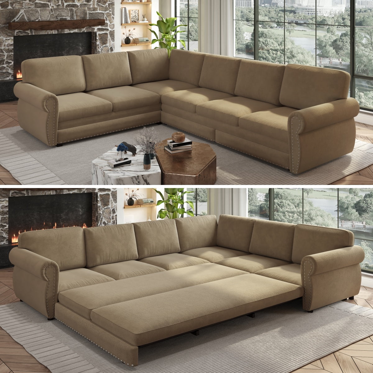 LLappuil Sectional Sofa Couch, Oversized Chenille Sofa with Pull Out Sofa Bed for Living Room Camel