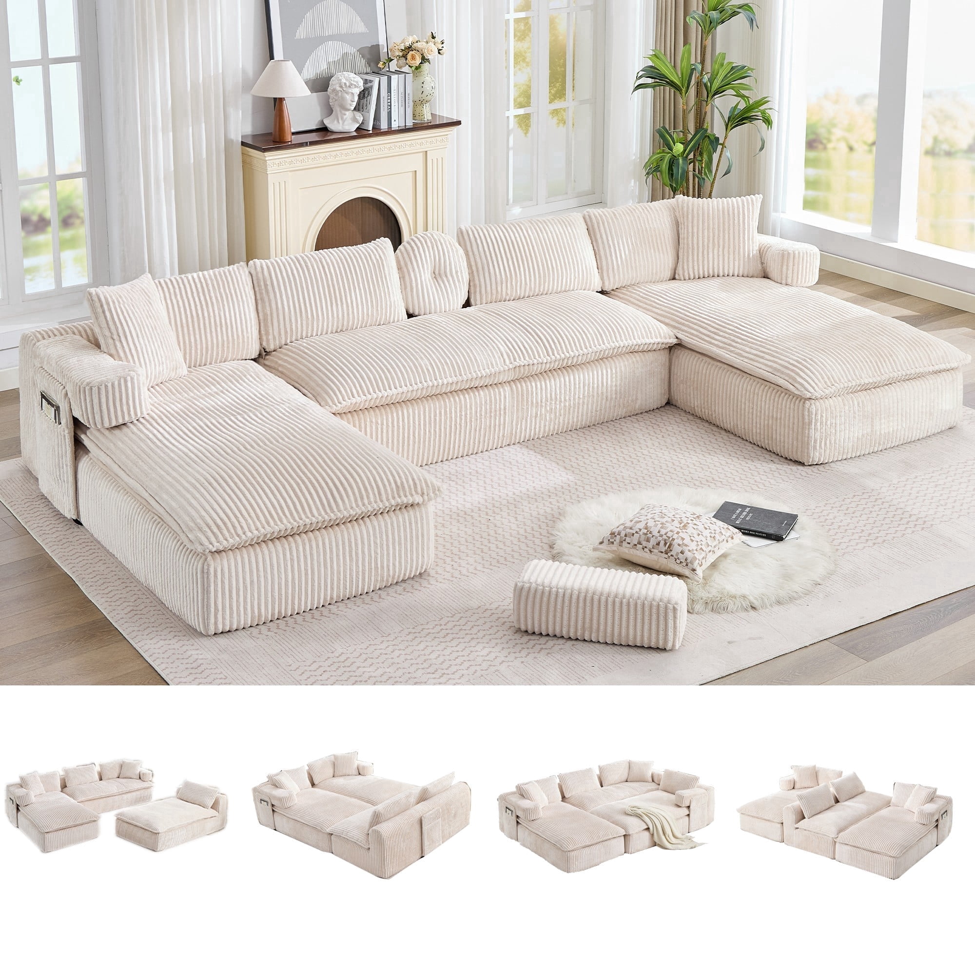 LLappuil Sectional Sofa, Oversized Sectional Couch Convertible Sofa Bed, 6 Seat Corduroy Sofa Couch with Side Pocket for Living Room, No Assembly Beige