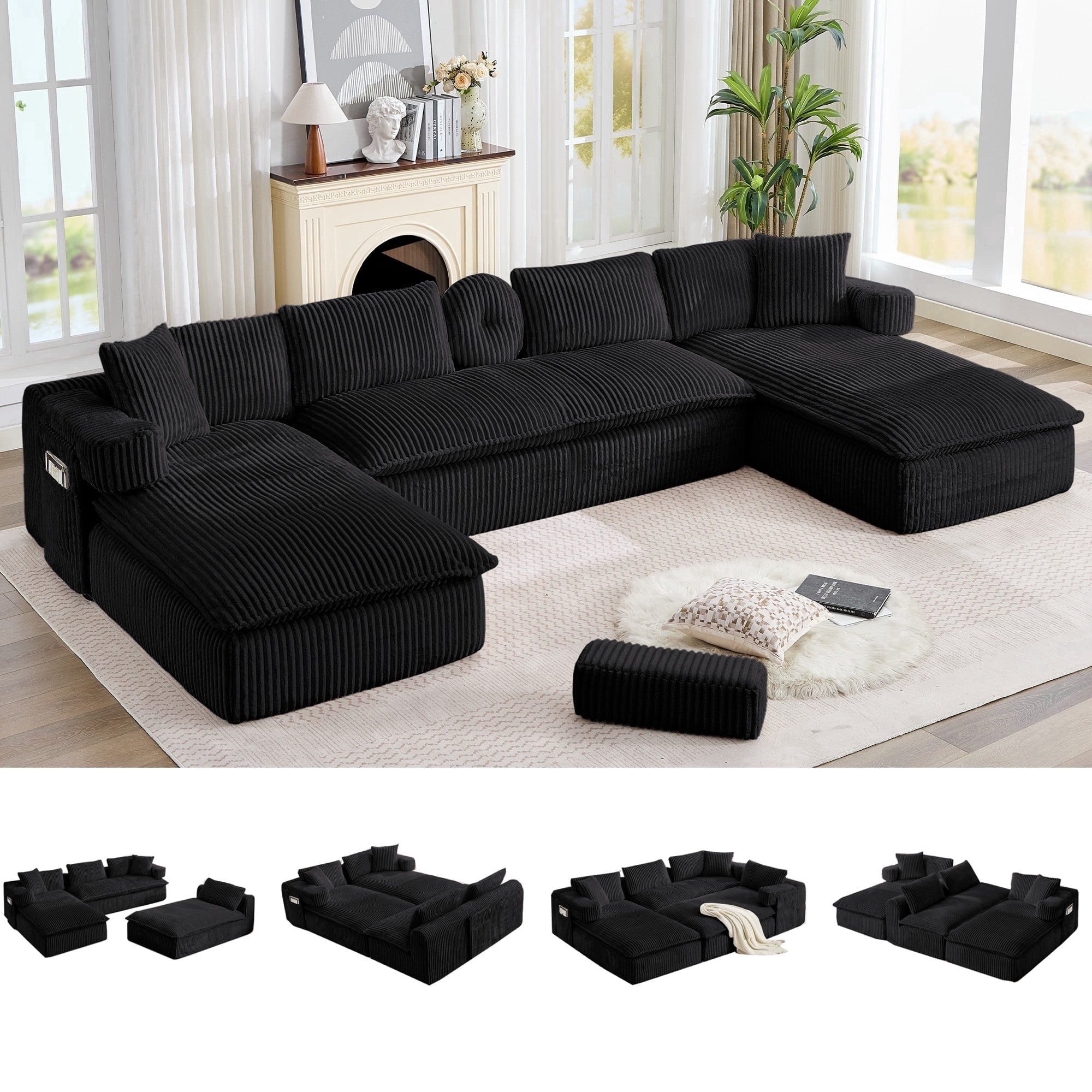 LLappuil Sectional Sofa, Oversized Sectional Couch Convertible Sofa Bed, 6 Seat Corduroy Sofa Couch with Side Pocket for Living Room, No Assembly Black