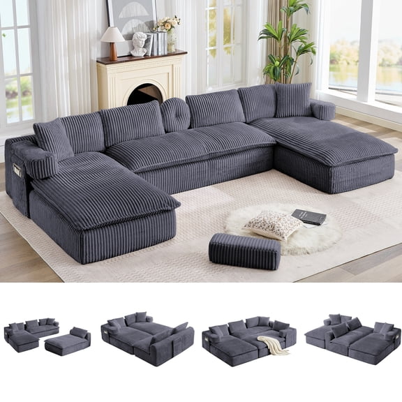 LLappuil Sectional Sofa, Oversized 138" Sectional Couch Convertible Sofa Bed, 6 Seat Corduroy Sofa Couch with Side Pocket for Living Room, No Assembly Dark Gray