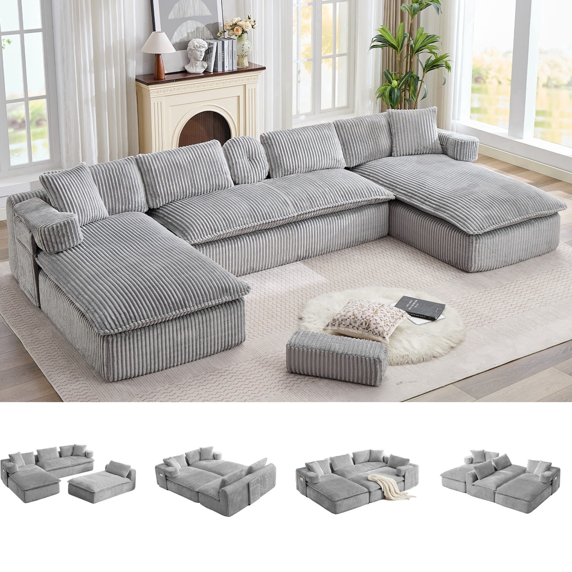 LLappuil Sectional Sofa, Oversized Sectional Couch Convertible Sofa Bed, 6 Seat Corduroy Sofa Couch with Side Pocket for Living Room, No Assembly Gray