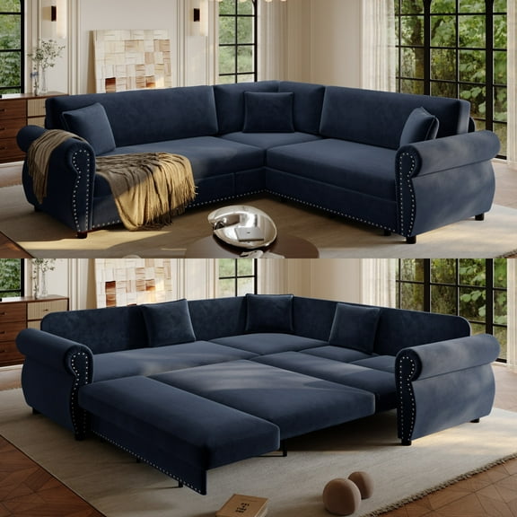 LLappuil Sectional Sofa, Pull Out Sofa Bed King Size, 5 Seat Chenille Sofa Couch Convertible Sleeper Sofa Bed for Living Room Blue
