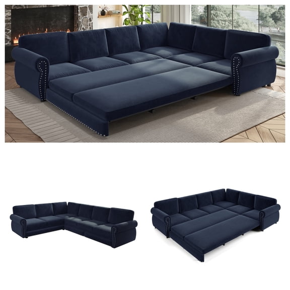 LLappuil Sectional Sofa, Pull Out Sofa Bed King Size, 6 Seat Chenille Sofa Couch Convertible Sleeper Sofa Bed for Living Room Blue