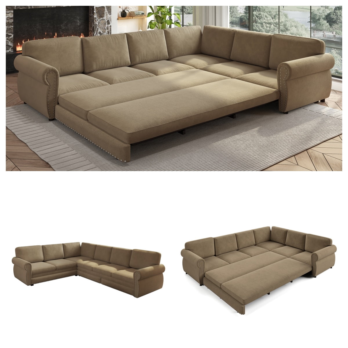 LLappuil Sectional Sofa, Pull Out Sofa Bed King Size, 6 Seat Chenille Sofa Couch Convertible Sleeper Sofa Bed for Living Room Camel