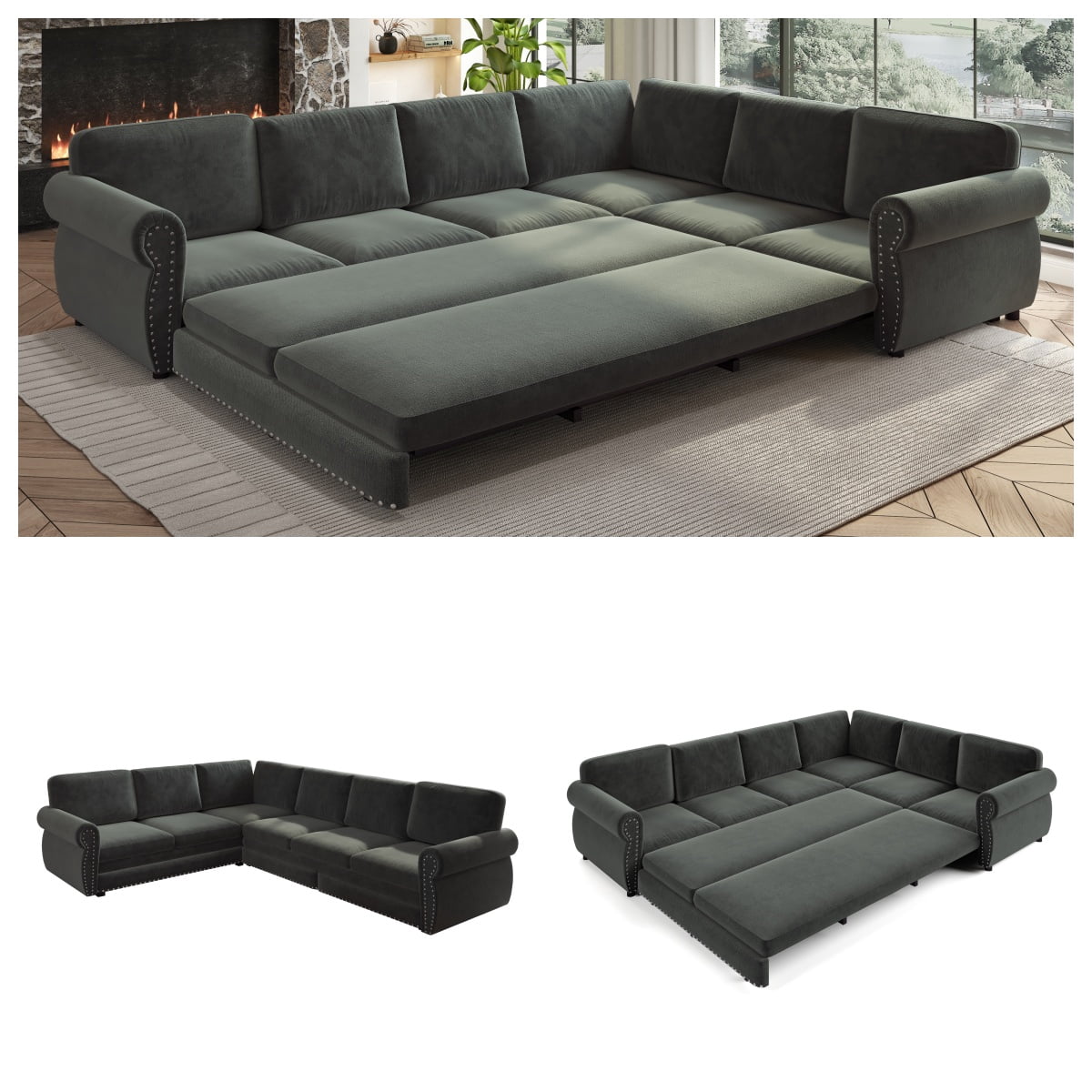 LLappuil Sectional Sofa, Pull Out Sofa Bed King Size, 6 Seat Chenille Sofa Couch Convertible Sleeper Sofa Bed for Living Room Dark Gray