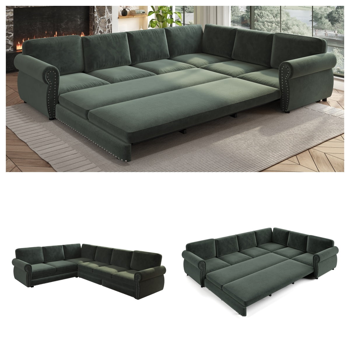 LLappuil Sectional Sofa, Pull Out Sofa Bed King Size, 6 Seat Chenille Sofa Couch Convertible Sleeper Sofa Bed for Living Room Green