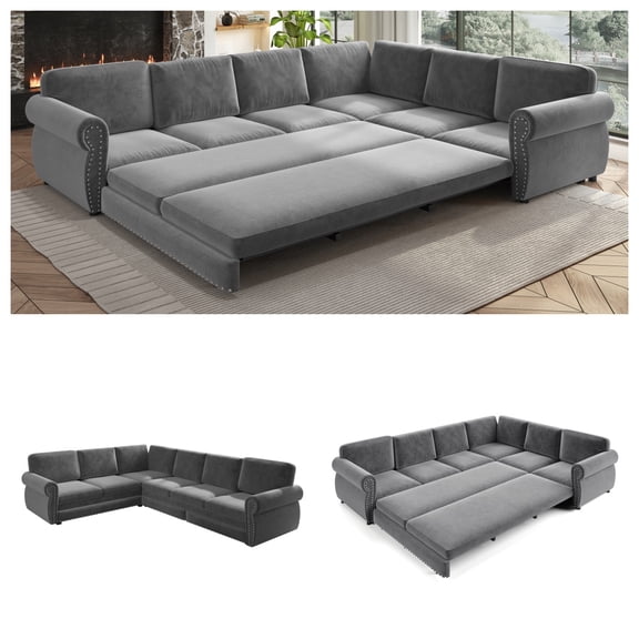 LLappuil Sectional Sofa, Pull Out Sofa Bed King Size, 6 Seat Chenille Sofa Couch Convertible Sleeper Sofa Bed for Living Room Light Gray