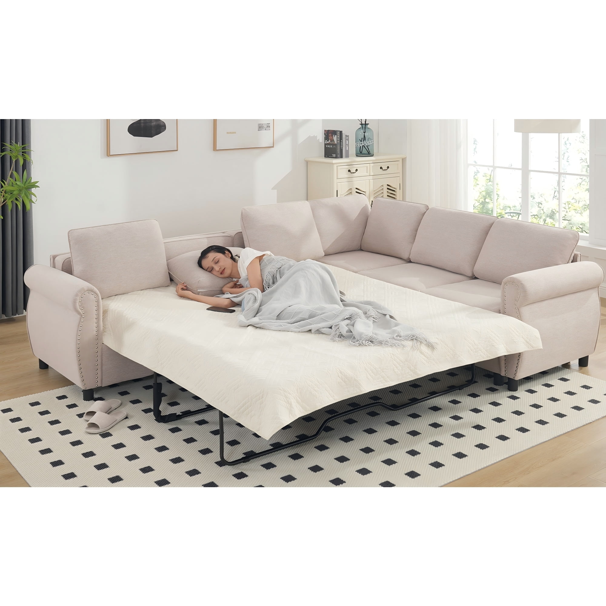 LLappuil Sectional Sofa, Pull Out Sofa Bed Queen Size, 6 Seat Sofa Couch Convertible Sleeper Sofa Bed for Living Room Beige