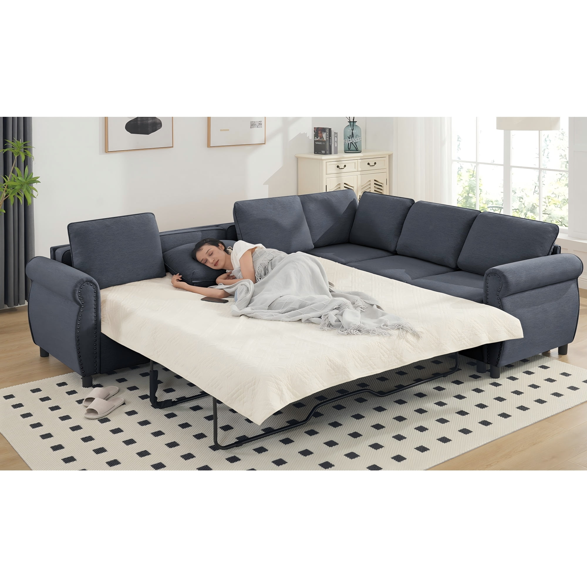 LLappuil Sectional Sofa, Pull Out Sofa Bed Queen Size, 6 Seat Sofa Couch Convertible Sleeper Sofa Bed for Living Room Gray
