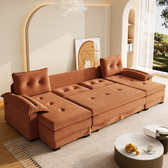 LLappuil Sectional Sofa, U Shaped Sectional Couch with Pull Out Sofa Bed, Chenille Convertible Sleeper Sofa Bed with Chaise, Removable Armrests, USB Ports Orange
