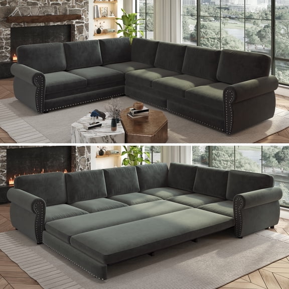 LLappuil Sectional Sofa Couch, Oversized Chenille Sofa with Pull Out Sofa Bed for Living Room Dark Gray
