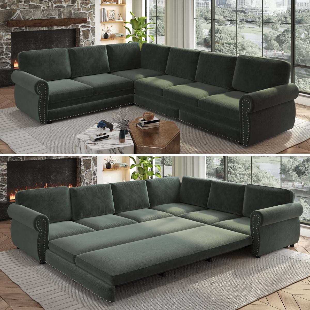LLappuil Sectional Sofa Couch, Oversized Chenille Sofa with Pull Out Sofa Bed for Living Room Green
