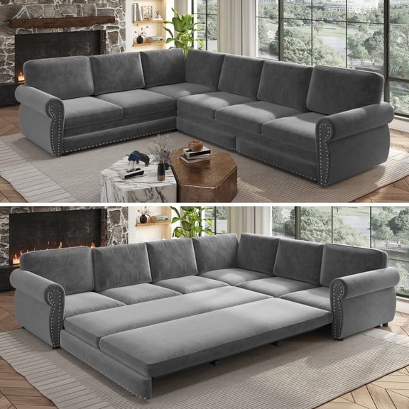 LLappuil Sectional Sofa Couch, Oversized Chenille Sofa with Pull Out Sofa Bed for Living Room Light Gray