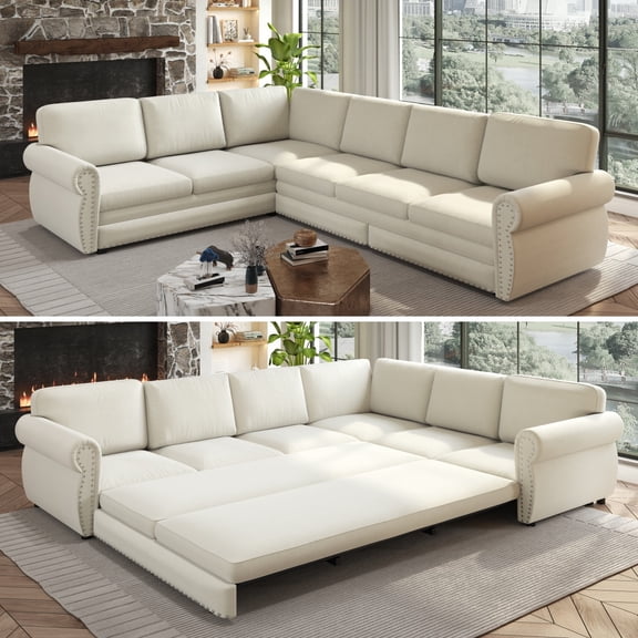 LLappuil Sectional Sofa Couch, Oversized Chenille Sofa with Pull Out Sofa Bed for Living Room Beige