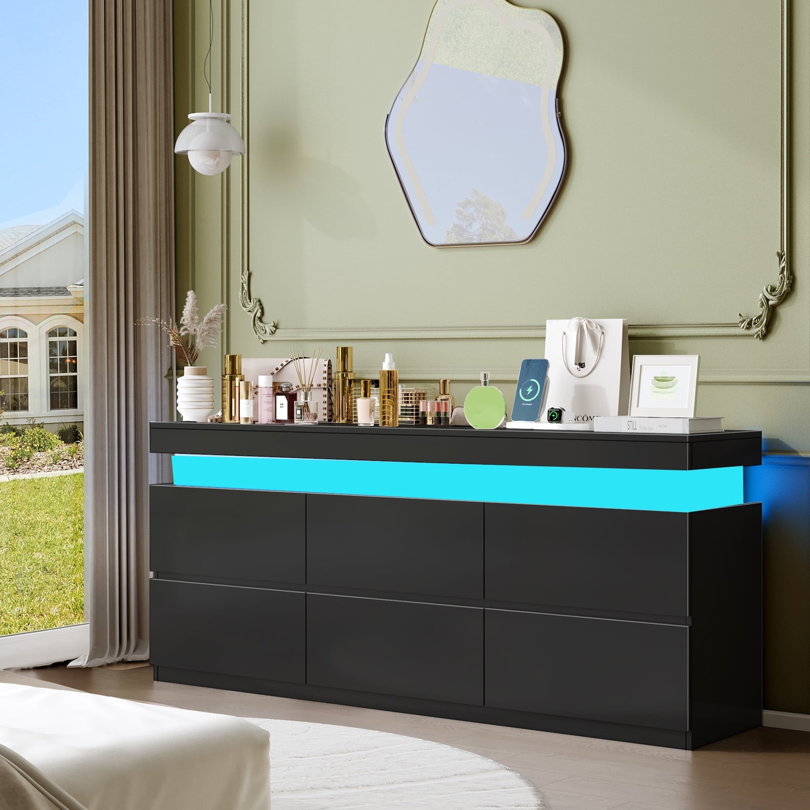 LLappuil 6 Drawer Dresser for Bedroom, Chest of Drawers with LED Light, TV Stand with Drawers Black