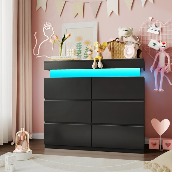 LLappuil 6 Drawer Dresser for Bedroom, Chest of Drawers with LED Light, TV Stand with Drawers Black