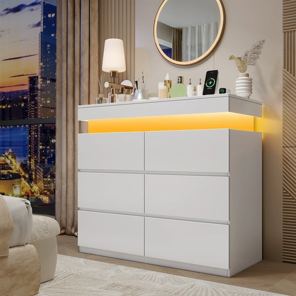 LLappuil 6 Drawer Dresser for Bedroom, Chest of Drawers with LED Light, TV Stand with Drawers White