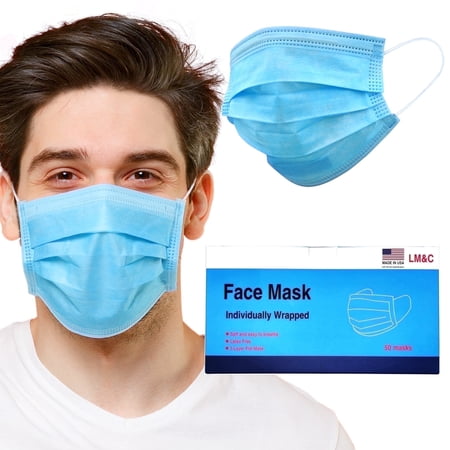 LM&C Made in USA Earloop Face Masks, 3-Layer Individually Wrapped, 50 Count