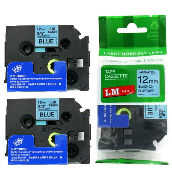 LM Tapes - 2/Pack Premium 1/2" Black Print on Blue Label Compatible with TZe-531 Tape TZ-531 comes with Free Tape Color/Size Guide for easy reordering.