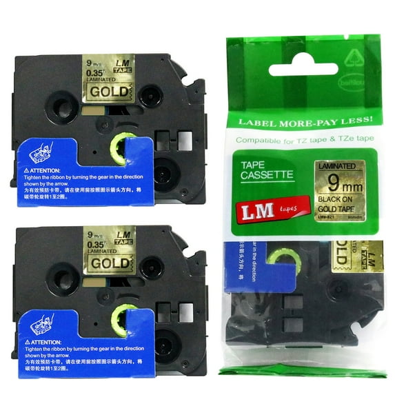 LM Tapes - 2/Pack Premium 3/8" Black Print on Gold Label (9mm 0.35 Laminated) Compatible with TZe-821 Tape and includes free Tape Color/Size Guide for easy reordering.