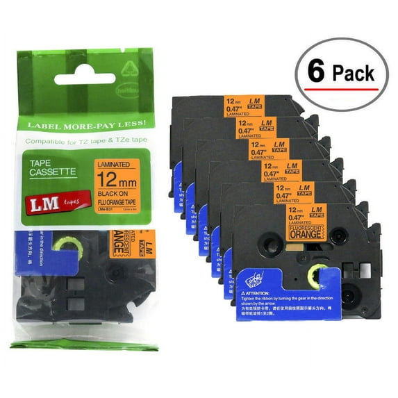 LM Tapes - 6/Pack Premium 1/2" Black Print on Bright Orange Label Compatible with TZe-B31 Tape comes with Free Tape Color/Size Guide for easy reordering.