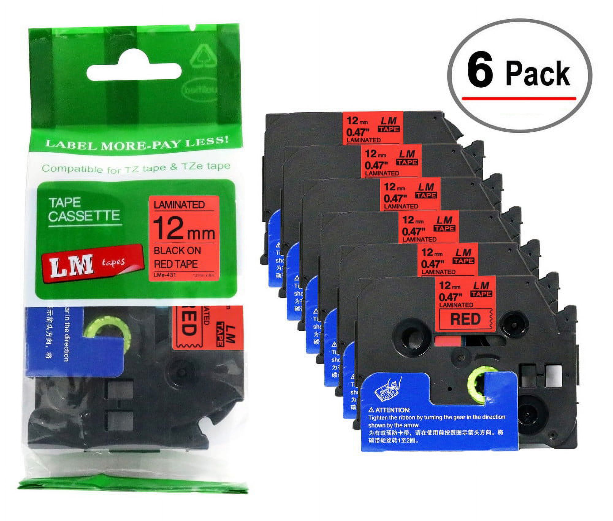 LM Tapes - 6/Pack Premium 1/2" Black Print on Red Label Compatible with TZe-431 Tape TZ-431 comes with Free Tape Color/Size Guide for easy reordering. - image 1 of 2