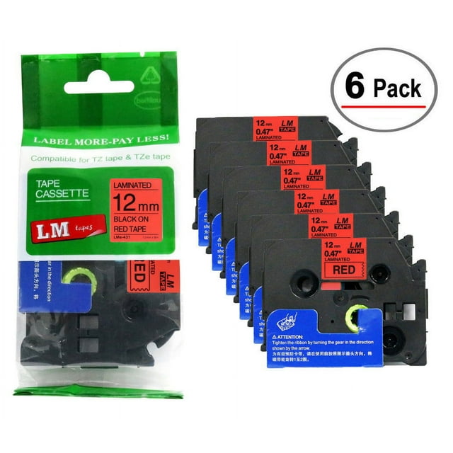 LM Tapes - 6/Pack Premium 1/2" Black Print on Red Label Compatible with TZe-431 Tape TZ-431 comes with Free Tape Color/Size Guide for easy reordering.