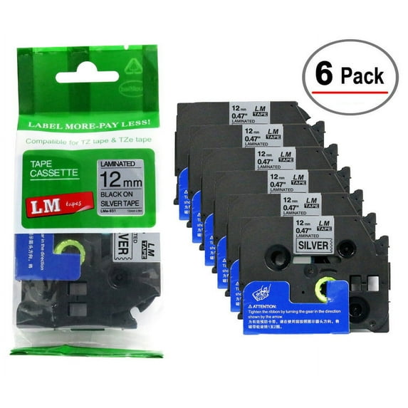 LM Tapes - 6/Pack Premium 1/2" Black Print on Silver Label Compatible with TZe-931 Tape TZ-931 comes with Free Tape Color/Size Guide for easy reordering.