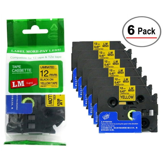 LM Tapes - 6/Pack Premium 1/2" Black Print on Yellow Label Compatible with TZe-631 Tape TZ-631 comes with Free Tape Color/Size Guide for easy reordering.
