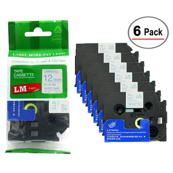 LM Tapes - 6/Pack Premium 1/2" Blue Print on White Label Compatible with TZe-233 Tape TZ-233 comes with Free Tape Color/Size Guide for easy reordering.