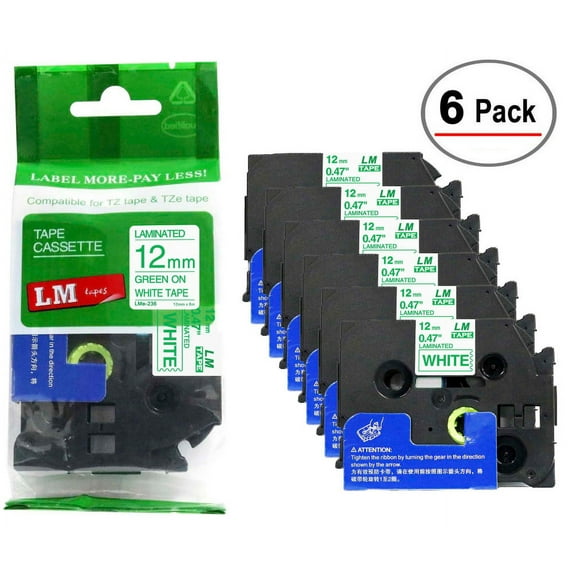 LM Tapes - 6/Pack Premium 1/2" Green Print on White Label Compatible with P-touch Tape comes with Free Tape Color/Size Guide for easy reordering.