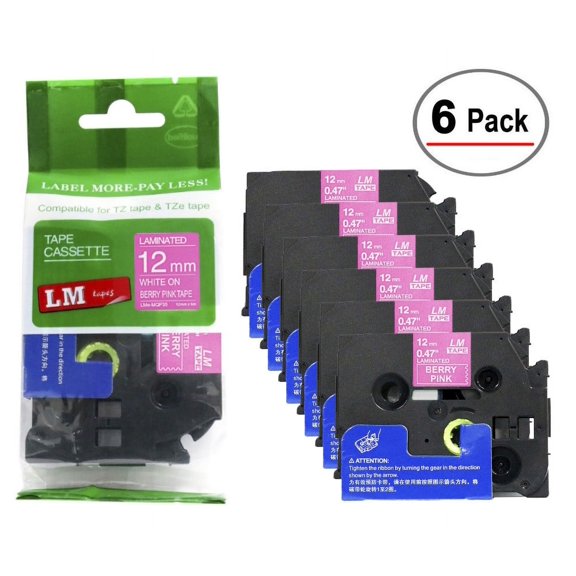 LM Tapes - 6/Pack Premium 1/2" White Print on Berry Pink Label Compatible with TZe-MQP35 Tape comes with Free Tape Color/Size Guide for easy reordering.