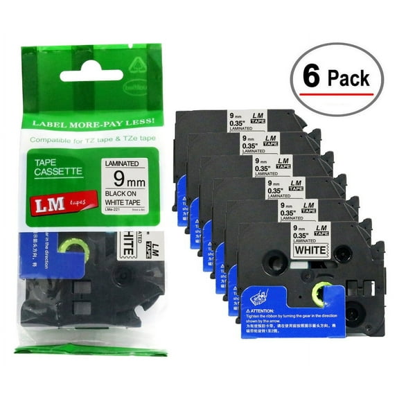 LM Tapes - 6/Pack Premium 3/8" Black Print on White Label (9mm 0.35 Laminated) Compatible with TZe-221 Tape and includes free Tape Color/Size Guide for easy reordering.
