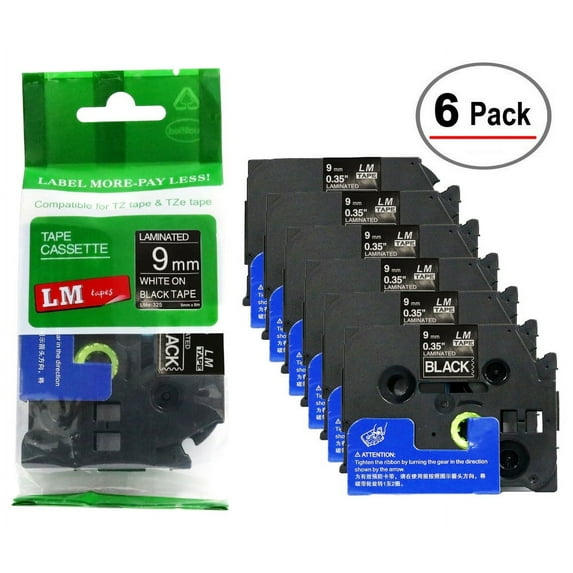 LM Tapes - 6/Pack Premium 3/8" White Print on Black Label (9mm 0.35 Laminated) Compatible with TZe-325 Tape and includes free Tape Color/Size Guide for easy reordering.