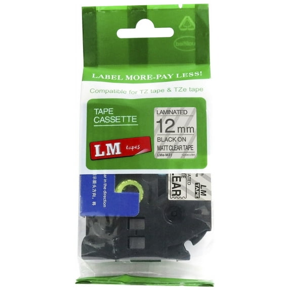 LM Tapes - Premium 1/2" Black Print on Matte Clear Label Compatible with TZe-M31 Tape comes with Free Tape Color/Size Guide for easy reordering.