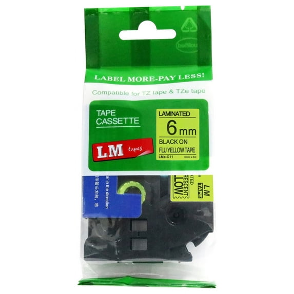 LM Tapes - Premium 1/4" Black Print on Bright Yellow Label (6mm 0.23 Laminated) compatible with TZe-C11 P-touch Tape comes with Free Tape Color/Size Guide for easy reordering.