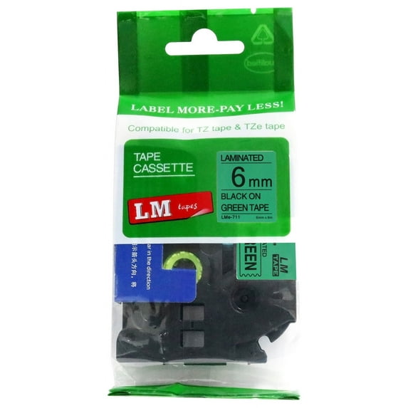 LM Tapes - Premium 1/4" Black Print on Green Label (6mm 0.23 Laminated) compatible with TZe-711 P-touch Tape comes with Free Tape Color/Size Guide for easy reordering.