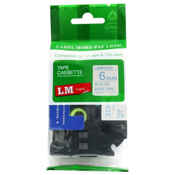 LM Tapes - Premium 1/4" Blue Print on White Label (6mm 0.23 Laminated) compatible with TZe-213 P-touch Tape comes with Free Tape Color/Size Guide for easy reordering.