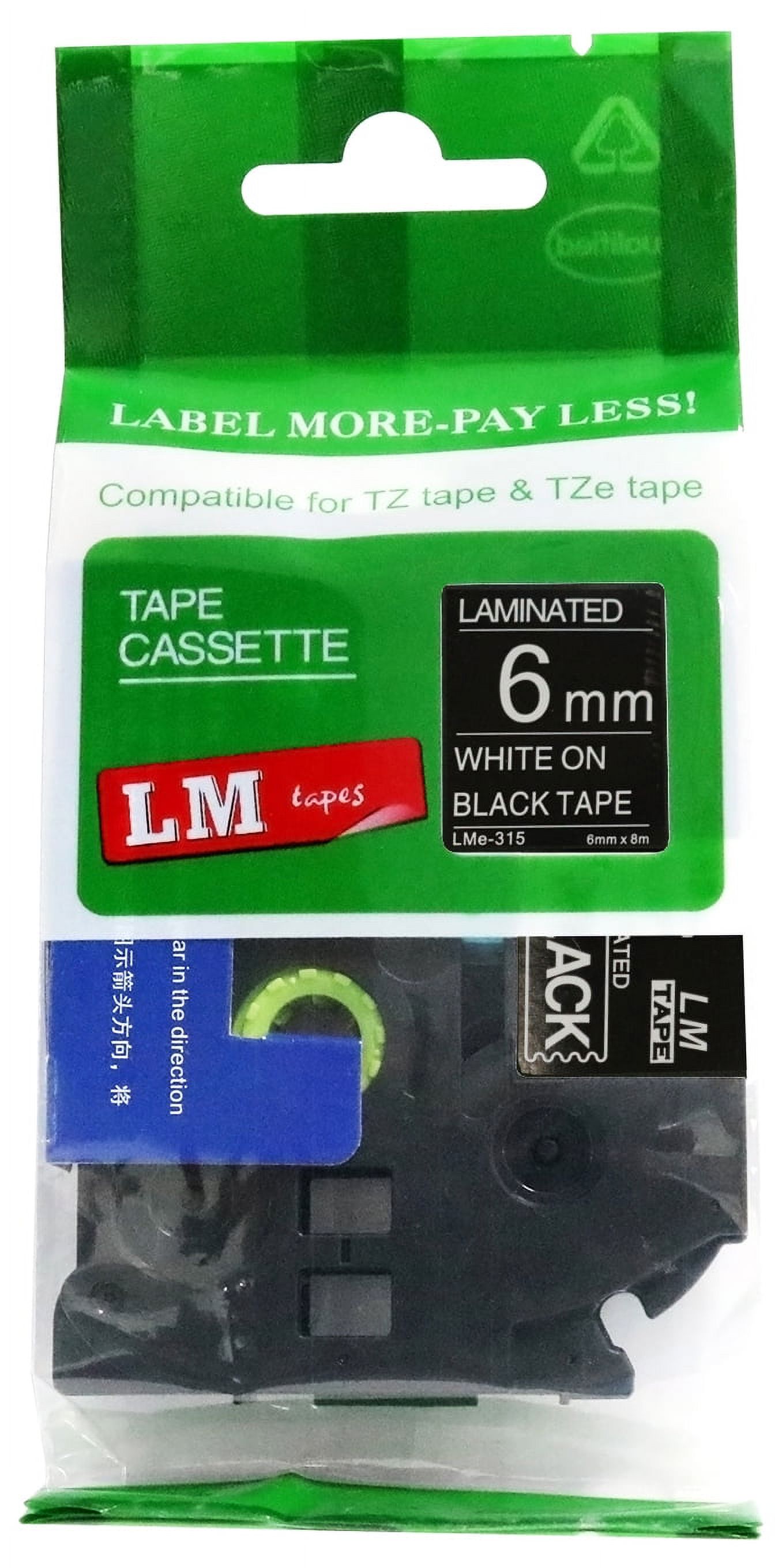 LM Tapes - Premium 1/4" White Print on Black Label (6mm 0.23 Laminated) compatible with TZe-315 P-touch Tape comes with Free Tape Color/Size Guide for easy reordering. - image 1 of 2