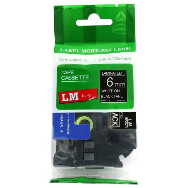 LM Tapes - Premium 1/4" White Print on Black Label (6mm 0.23 Laminated) compatible with TZe-315 P-touch Tape comes with Free Tape Color/Size Guide for easy reordering.