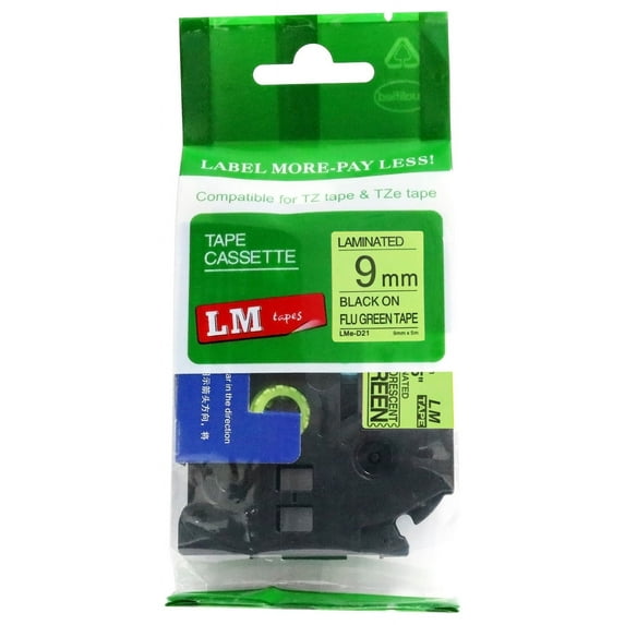 LM Tapes - Premium 3/8" Black Print on Bright Green Label (9mm 0.35 Laminated) Compatible with TZe-D21 Tape and includes free Tape Color/Size Guide for easy reordering.