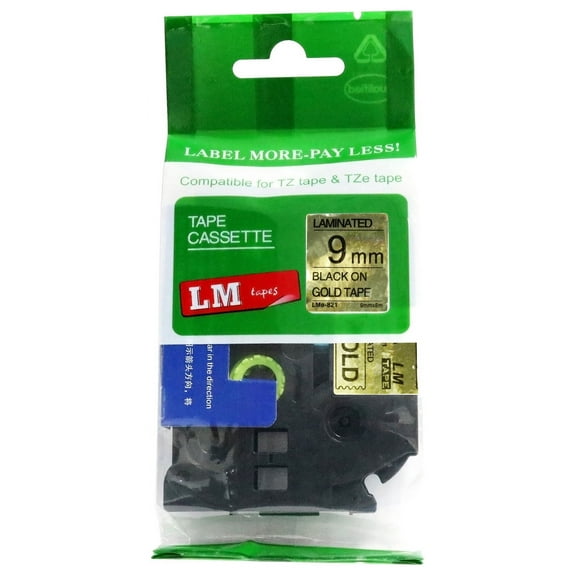 LM Tapes - Premium 3/8" Black Print on Gold Label (9mm 0.35 Laminated) Compatible with TZe-821 Tape and includes free Tape Color/Size Guide for easy reordering.