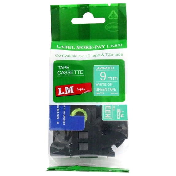 LM Tapes - Premium 3/8" White Print on Green Label (9mm 0.35 Laminated) Compatible with TZe-725 Tape and includes free Tape Color/Size Guide for easy reordering.