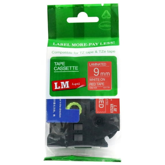 LM Tapes - Premium 3/8" White Print on Red Label (9mm 0.35 Laminated) Compatible with TZe-425 Tape and includes free Tape Color/Size Guide for easy reordering.