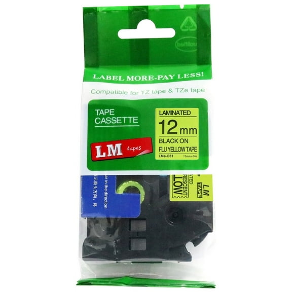 LM Tapes replacement for Brother PT-D200 1/2" (12mm 0.47 Laminated) Black on Bright Yellow Compatible TZe P-touch Tape for use in Ptouch PTD200 Label Printer with FREE Tape Guide Included