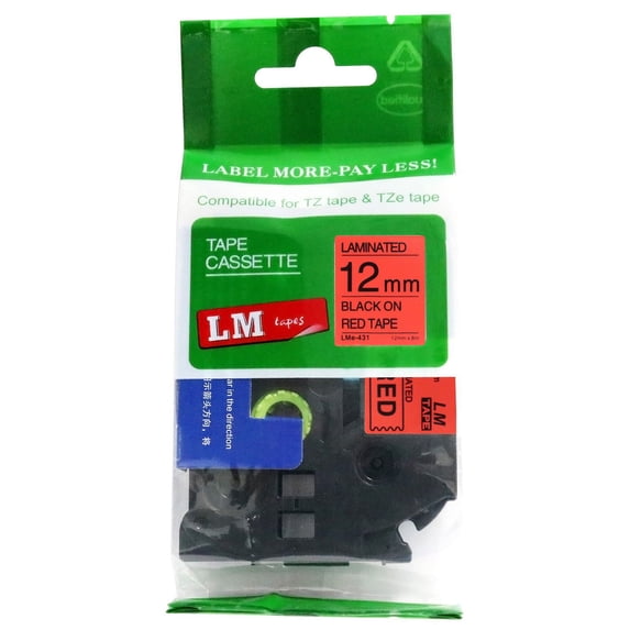 LM Tapes replacement for Brother PT-D200 1/2" (12mm 0.47 Laminated) Black on Red Compatible TZe P-touch Tape for use in Ptouch PTD200 Label Printer with FREE Tape Guide Included