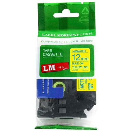 LM Tapes replacement for Brother PT-D200 1/2" (12mm 0.47 Laminated) Blue on Yellow Compatible TZe P-touch Tape for use in Ptouch PTD200 Label Printer with FREE Tape Guide Included
