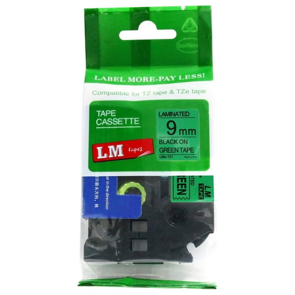 LM Tapes replacement for Brother PT-D200 3/8" (9mm 0.35 Laminated) Black on Green Compatible TZe P-touch Tape for use in Ptouch PTD200 Label Printer with FREE Tape Guide Included