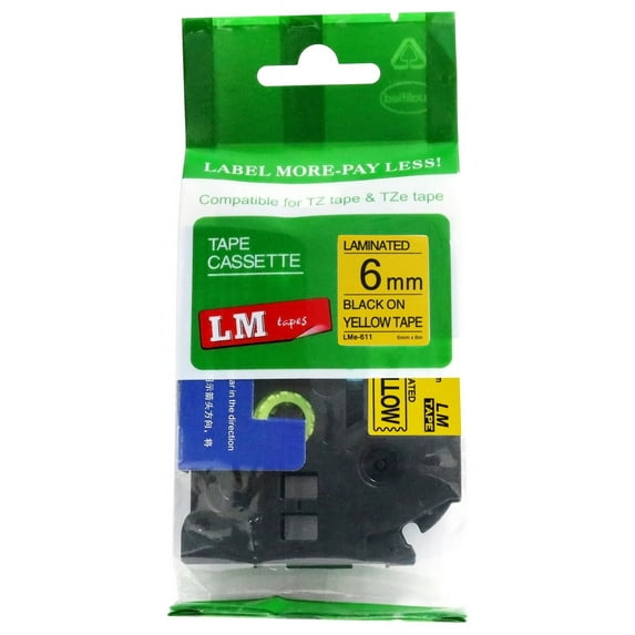 LM Tapes replacement for Brother PT-D200 Label Maker 6mm Black on Yellow Compatible TZe P-touch Tape (1/4" 0.23 Laminated) for use in Ptouch PTD200 Label Printer